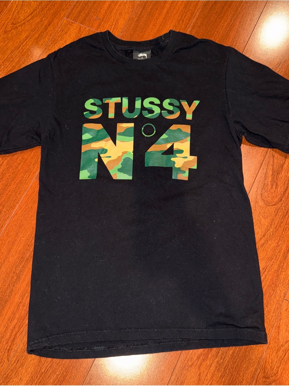 Stussy Black Tee with Green & Brown Camo N4 Logo double sided, Size S